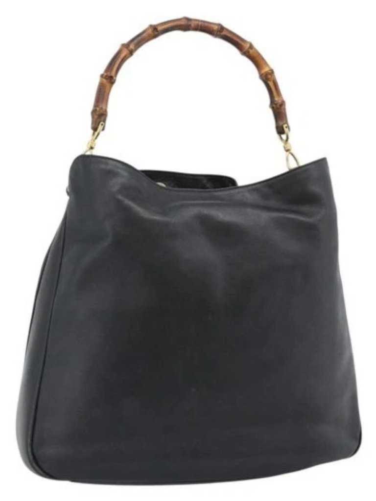 Gucci Bamboo Hand Bag Leather Black Gold 001 1638 Auth 190594